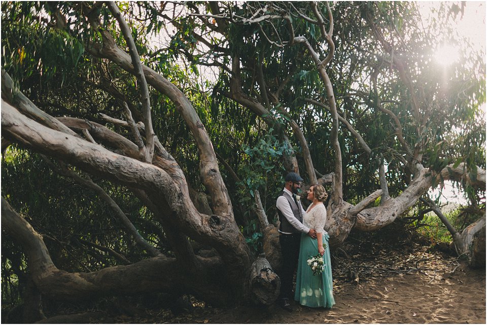 bride and groom stand under Eucalyptus tree after they eloped