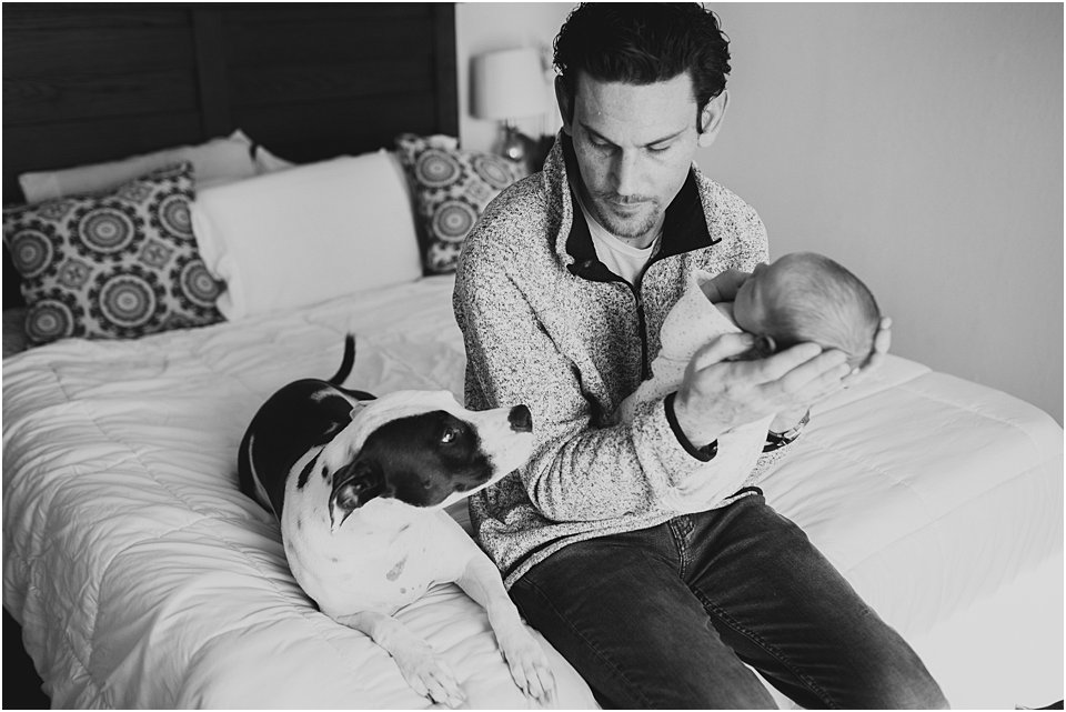 father and dog look at the newborn baby boy
